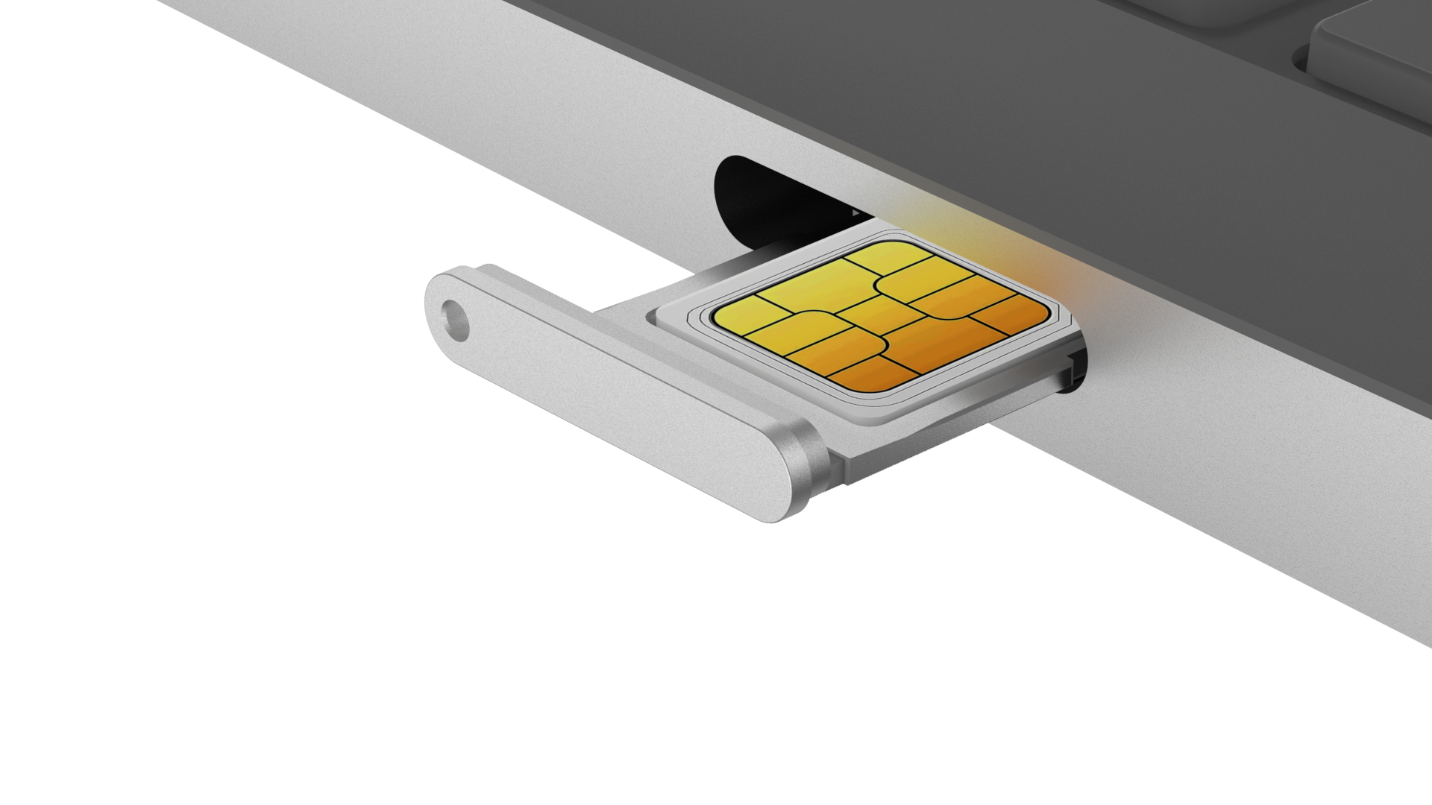 Photo showing the SIM card tray with an installed SIM card being installed into a Surface Laptop device.