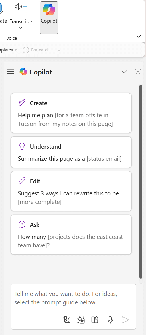 Screenshot of OneNote application with Copilot pane open.