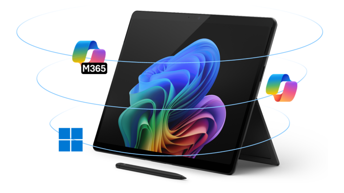 Illustration of Surface devices working together with Microsoft 365, Copilot, and Windows.