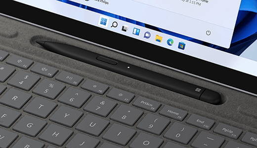 Photo of Surface Pro for Business device showing Surface Pro Flex Keyboard with integrated pen storage slot at the top.