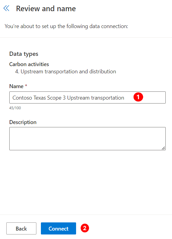 Screenshot of the Review and finish page with the connection name set and the Connect button highlighted.