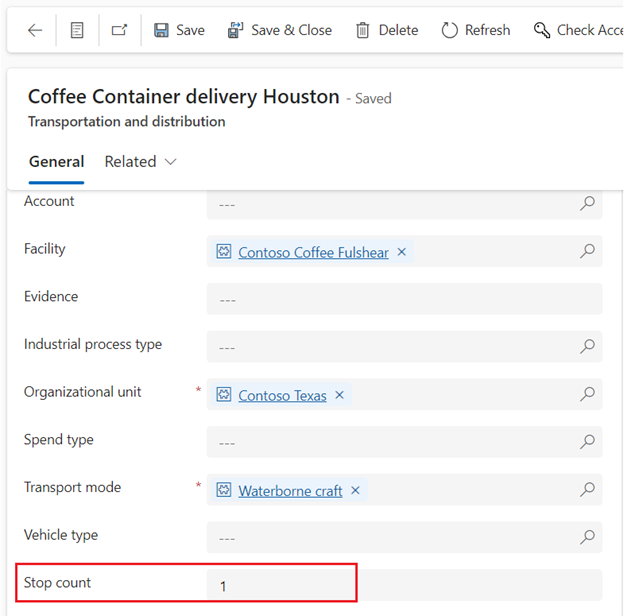 Screenshot of the Stop count field added to the Coffee Container delivery Houston page.