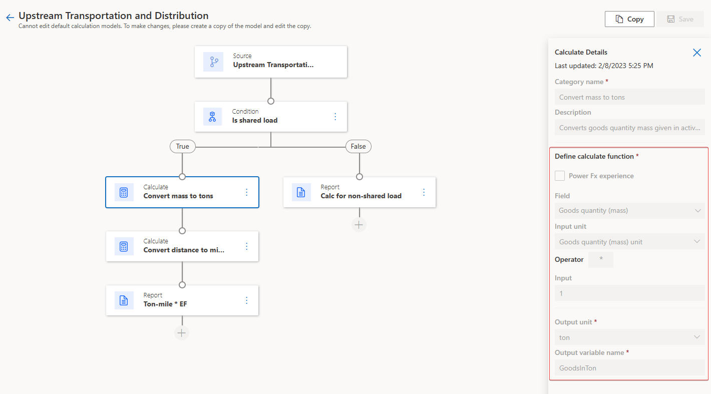 Screenshot of the model activities with Calculate Details open and the Define calculate function section highlighted with units set up.