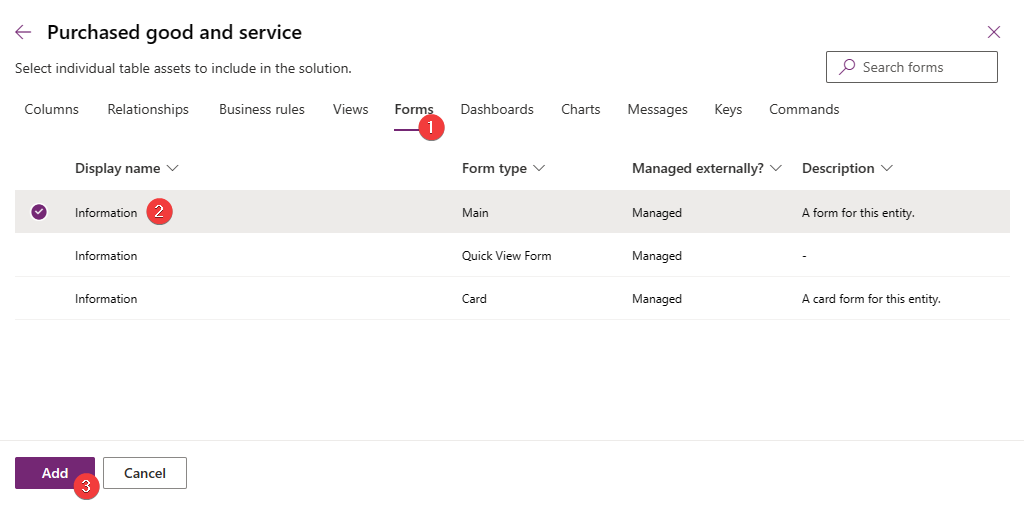 Screenshot of the Purchased good and service table on the Forms tab with the Information main form selected.