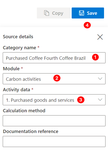 Screenshot of the Source details name and activity data filled in and the Save button highlighted.