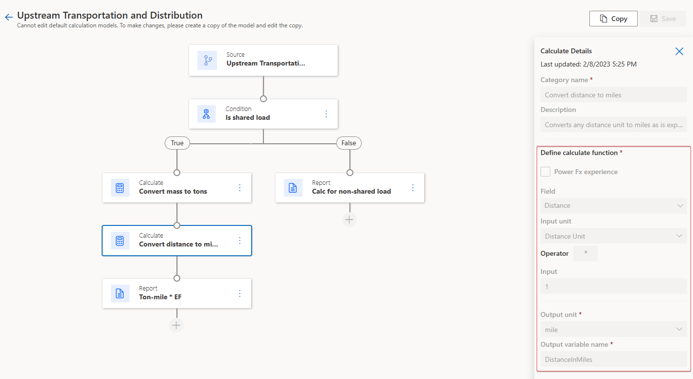 Screenshot of the model activities with Calculate Details open and the Define calculate function section highlighted with distance set up.