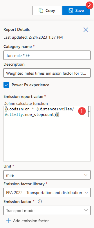 Screenshot of the Report details with the Ton mile values filled in.
