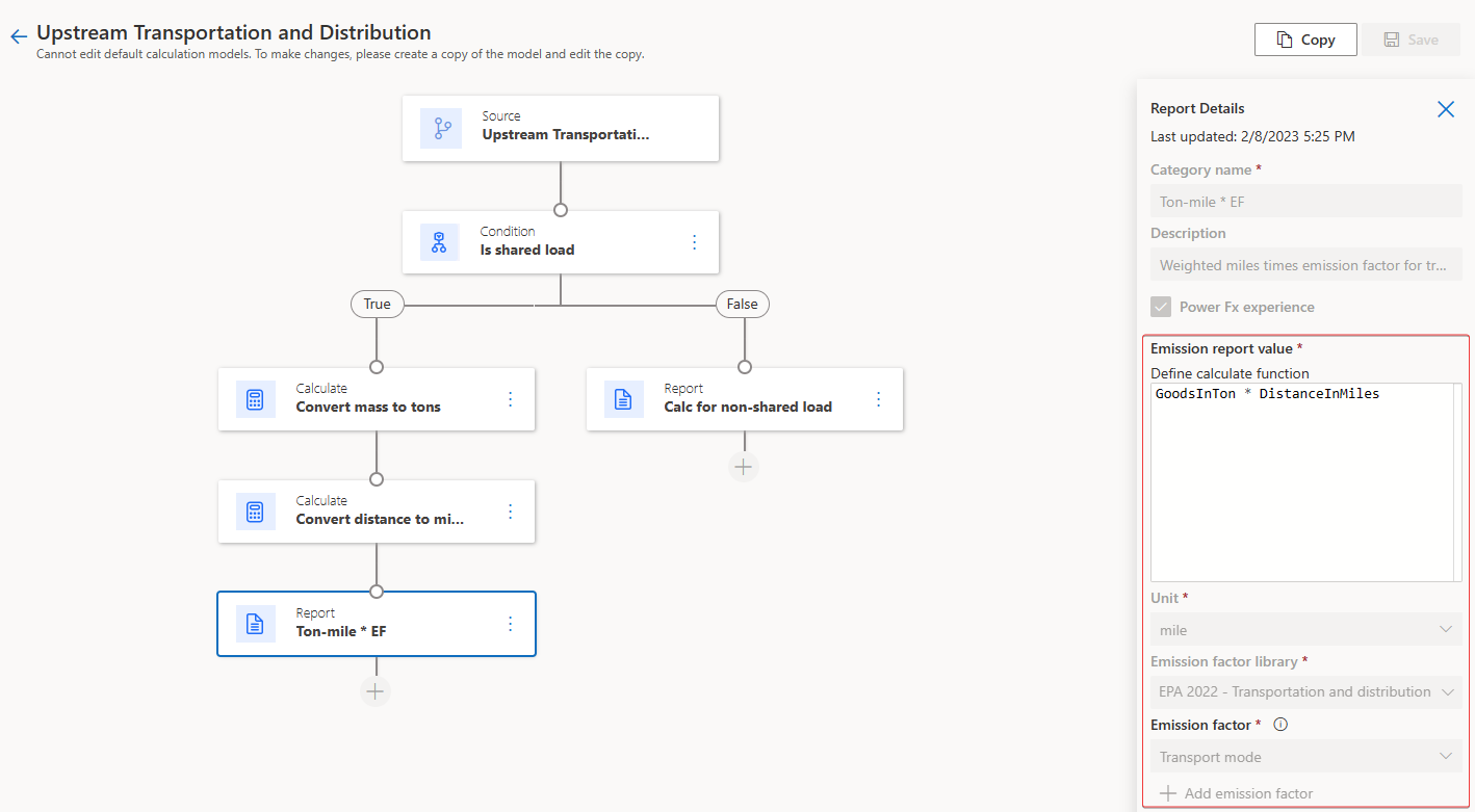Screenshot of the model activities with Report Details open and the Emission report value section highlighted with a Power Fx expression filled in.