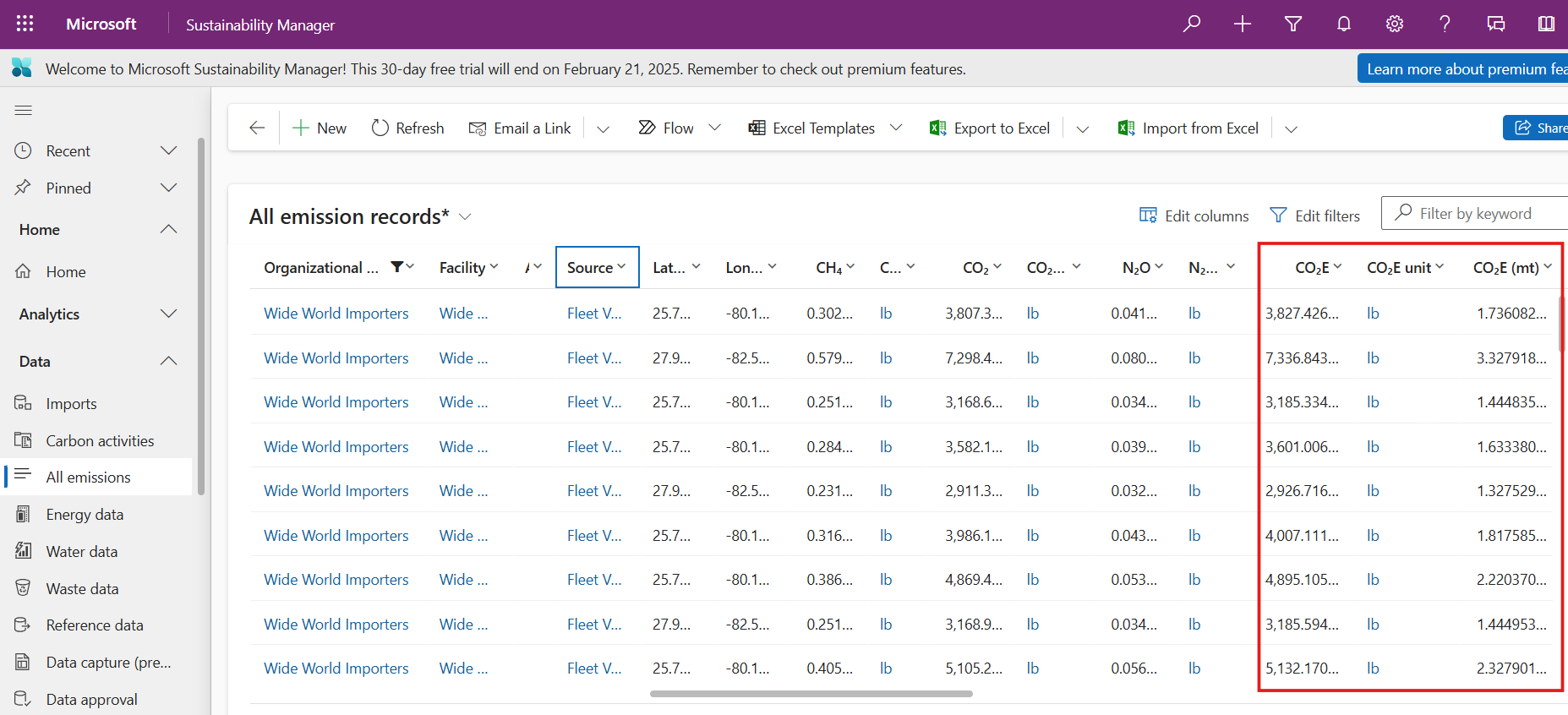 Screenshot of the emissions values.