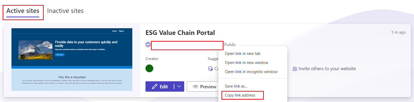Screenshot of the Active sites tab with the E S G Value Chain Portal U R L selected and the Copy link address option highlighted.