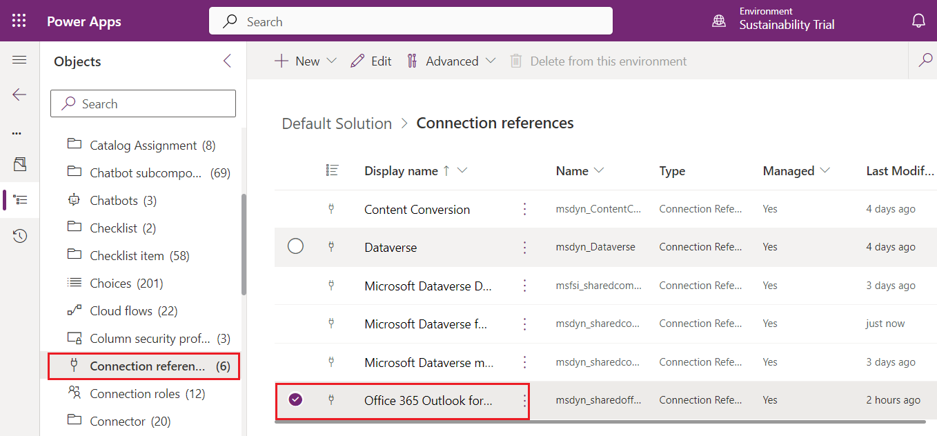 Screenshot of the Connection references page with the Office 365 Outlook for Sustainability Manager E S G Value Chain option selected.