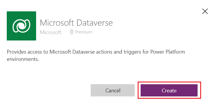 Screenshot of the Microsoft Dataverse message box with the Create button highlighted.