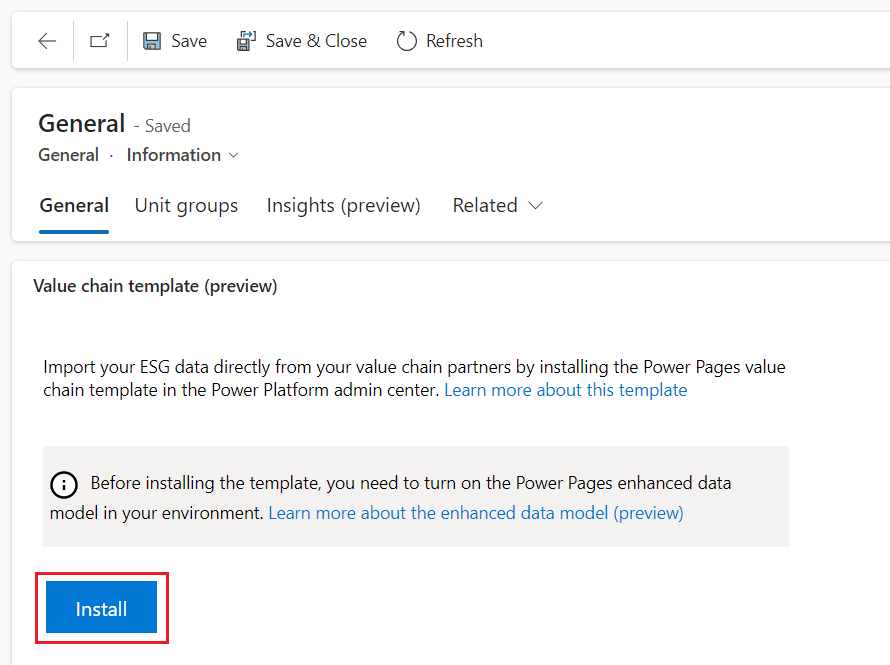 Screenshot of the General tab with the Install button highlighted.