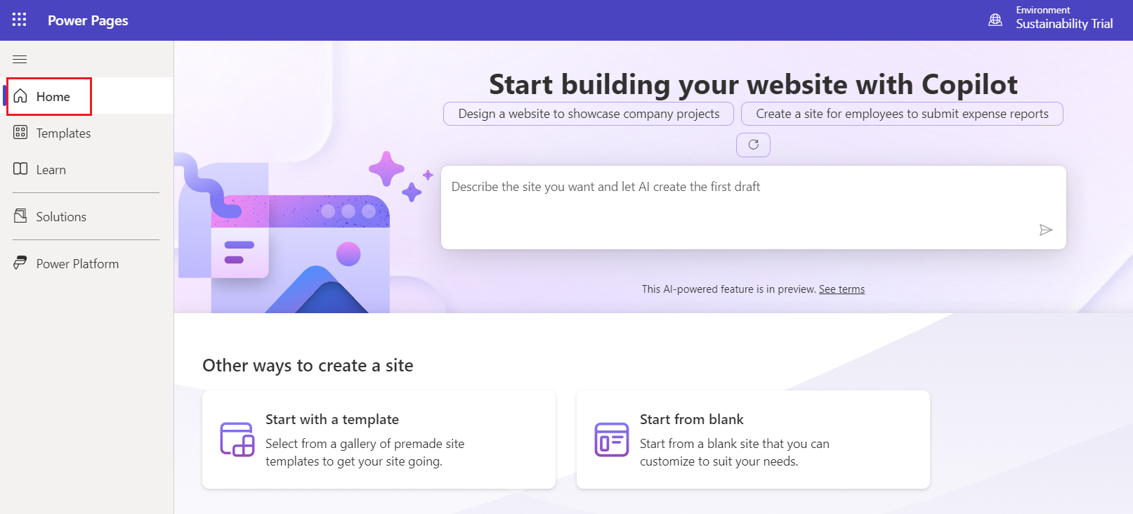 Screenshot of the Start building your website with Copilot screen in Power Pages with the Home icon highlighted.