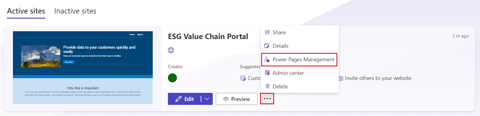 Screenshot of the ellipsis button selected and the Power Pages Management option highlighted.