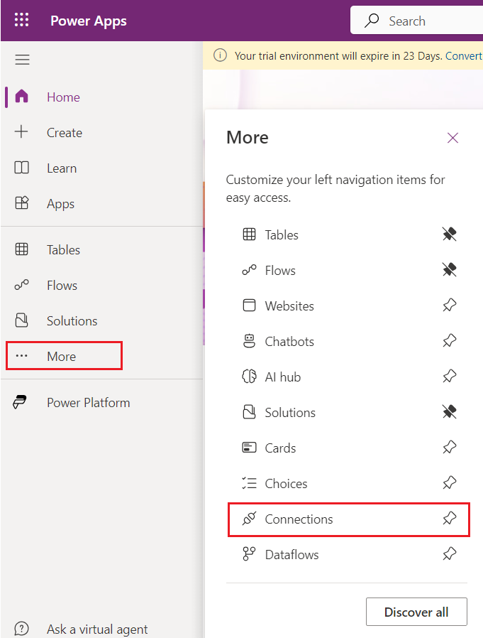Screenshot of Power Apps navigation with More selected and the Connections option highlighted.