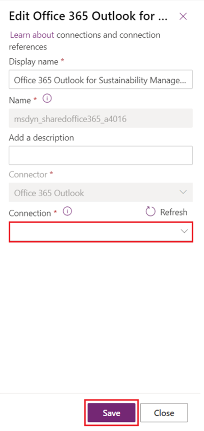 Screenshot of the Edit Office 365 Outlook edit box with the Connection dropdown menu highlighted.