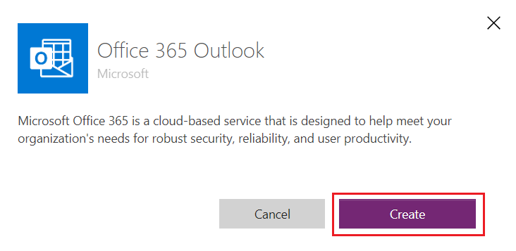 Screenshot of the Outlook message box with the Create button highlighted.