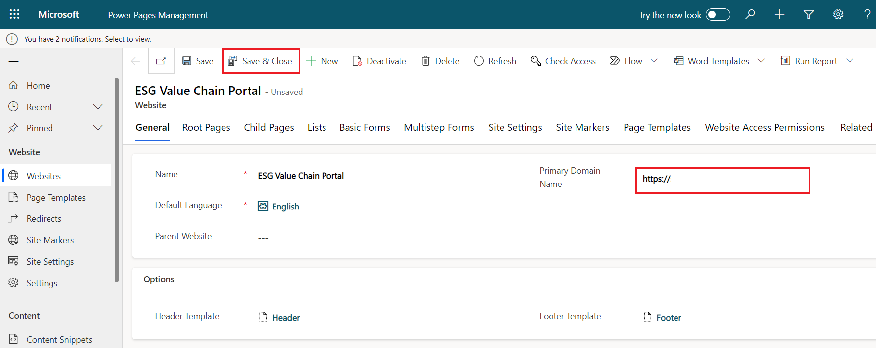 Screenshot of the U R L in the Primary Domain Name field and the Save and Close button highlighted.