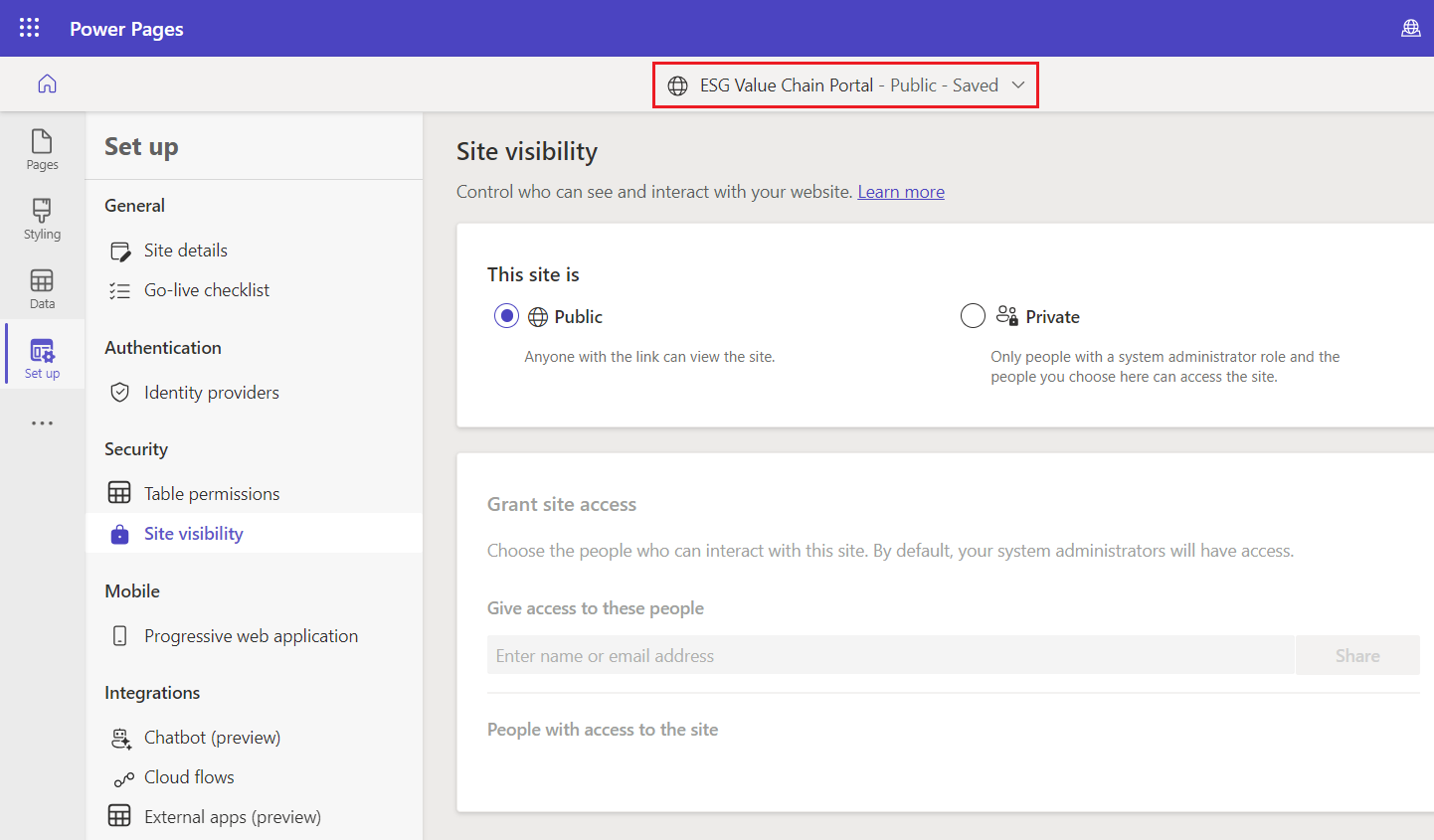 Screenshot of the site visibility set to Public.