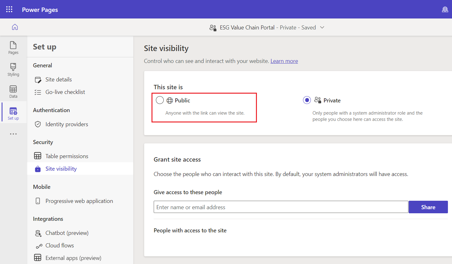 Screenshot of the Site visibility page in Power Pages with Public highlighted.