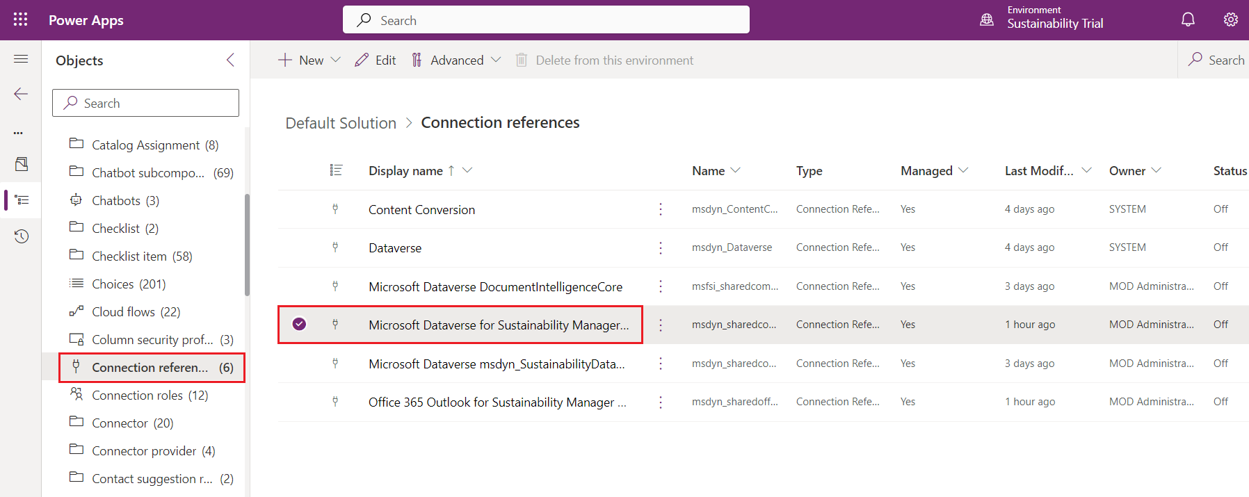 Screenshot of the Connection references page in Power Apps with Microsoft Dataverse for Sustainability Manager E S G Value Chain selected.