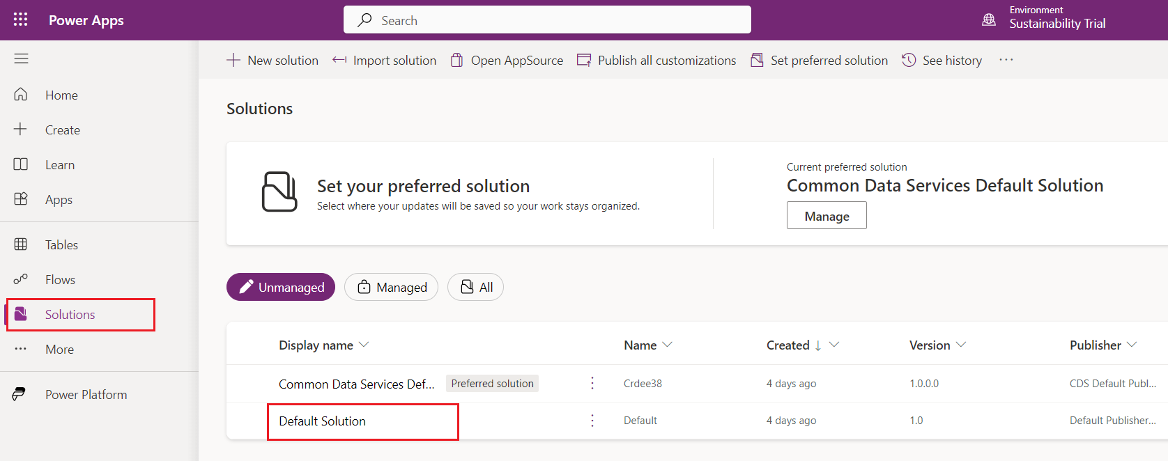 Screenshot of the Solutions page in Power Apps with Default solution highlighted.