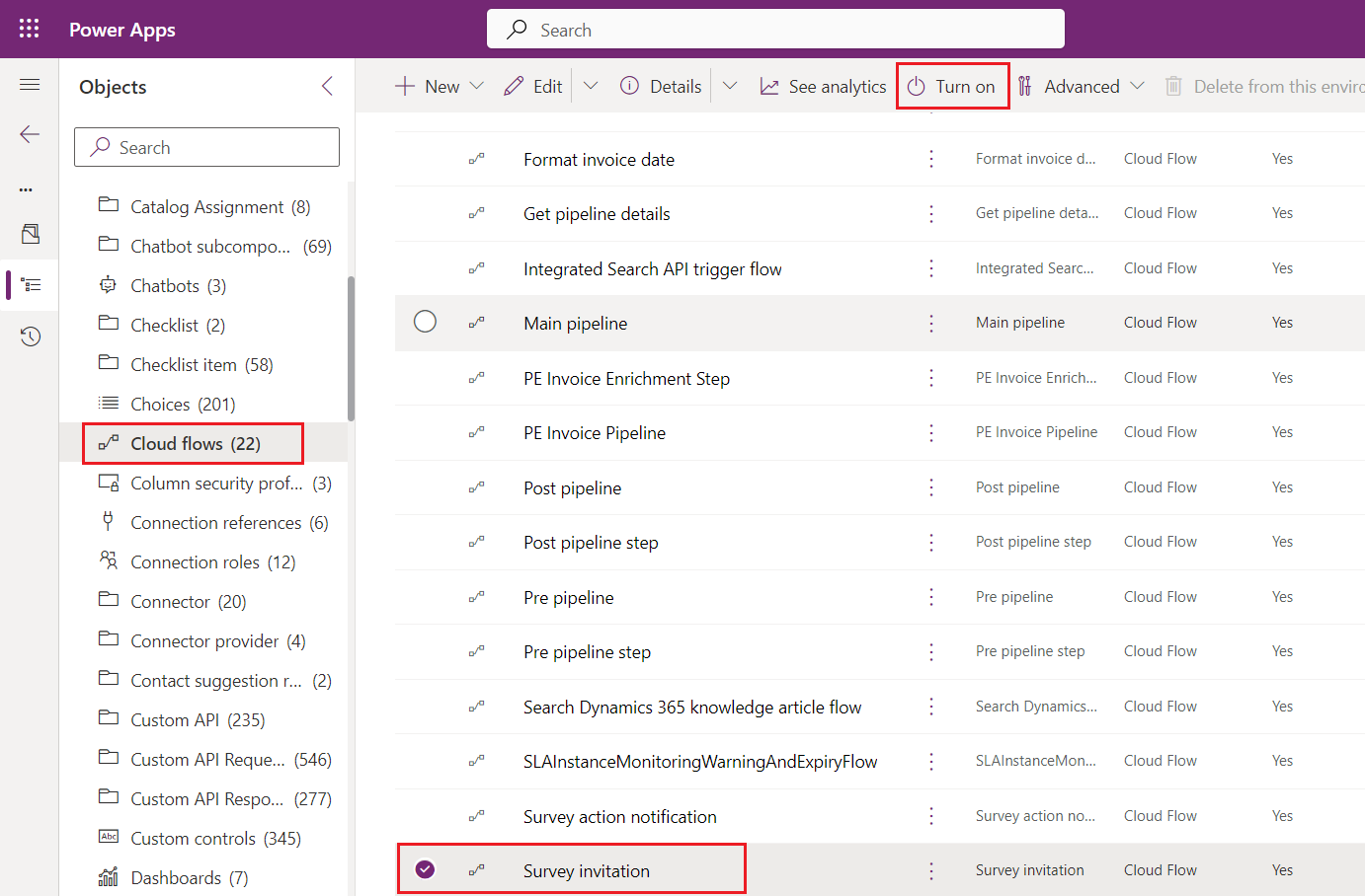 Screenshot of the Cloud flows page with Survey invitation selected and the Turn on button highlighted.