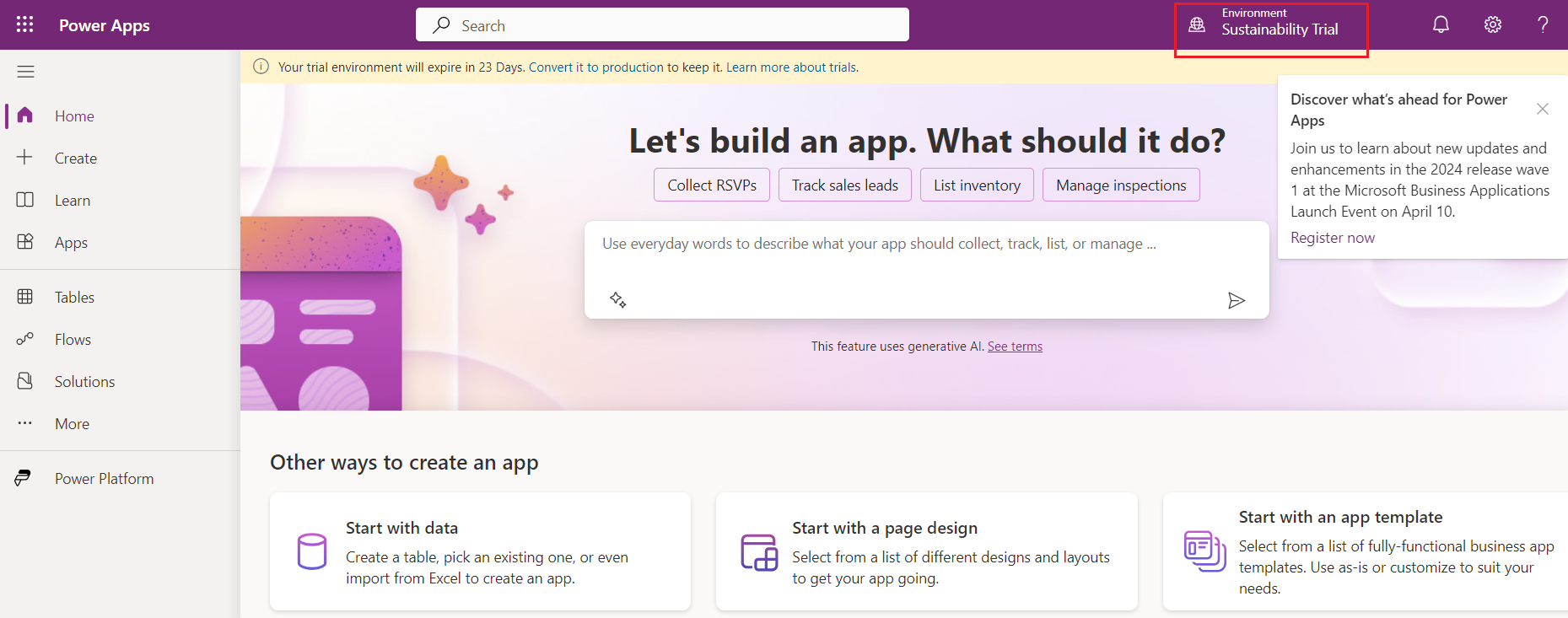 Screenshot of Power Apps with the Sustainability environment selected.