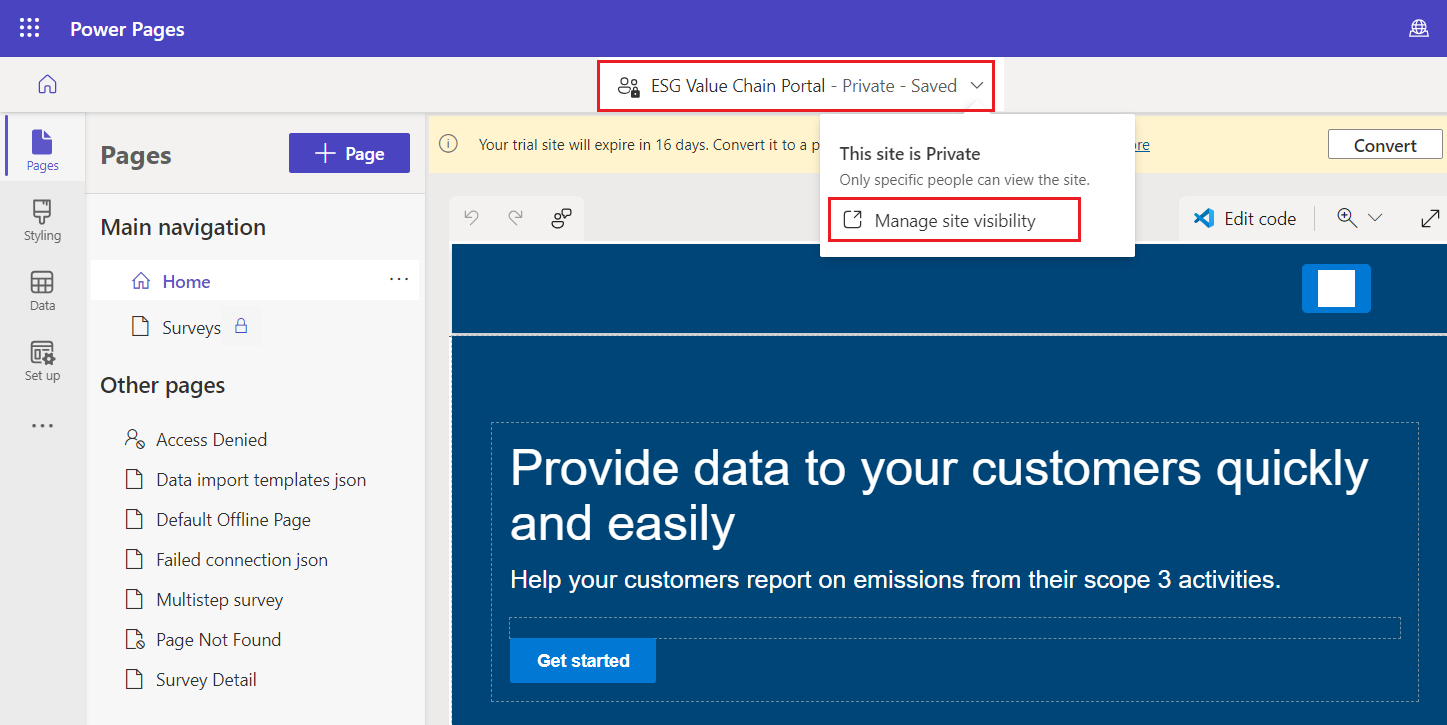 Screenshot of Power Pages with the E S G Value Chain Portal Private Saved dropdown menu expanded and the Manage site visibility option highlighted.