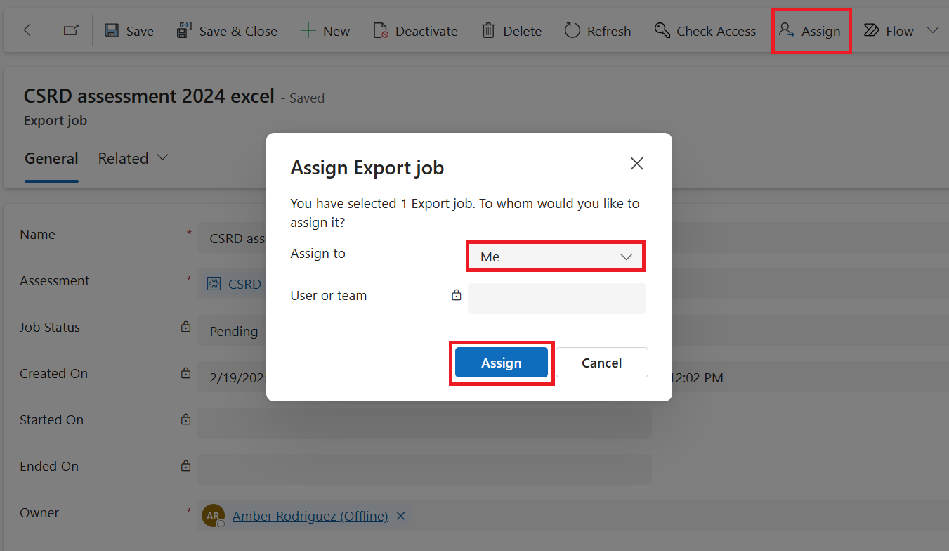 Screenshot of the Assign Export job dialog.