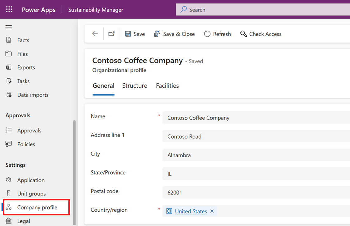 Screenshot of the Company profile page.