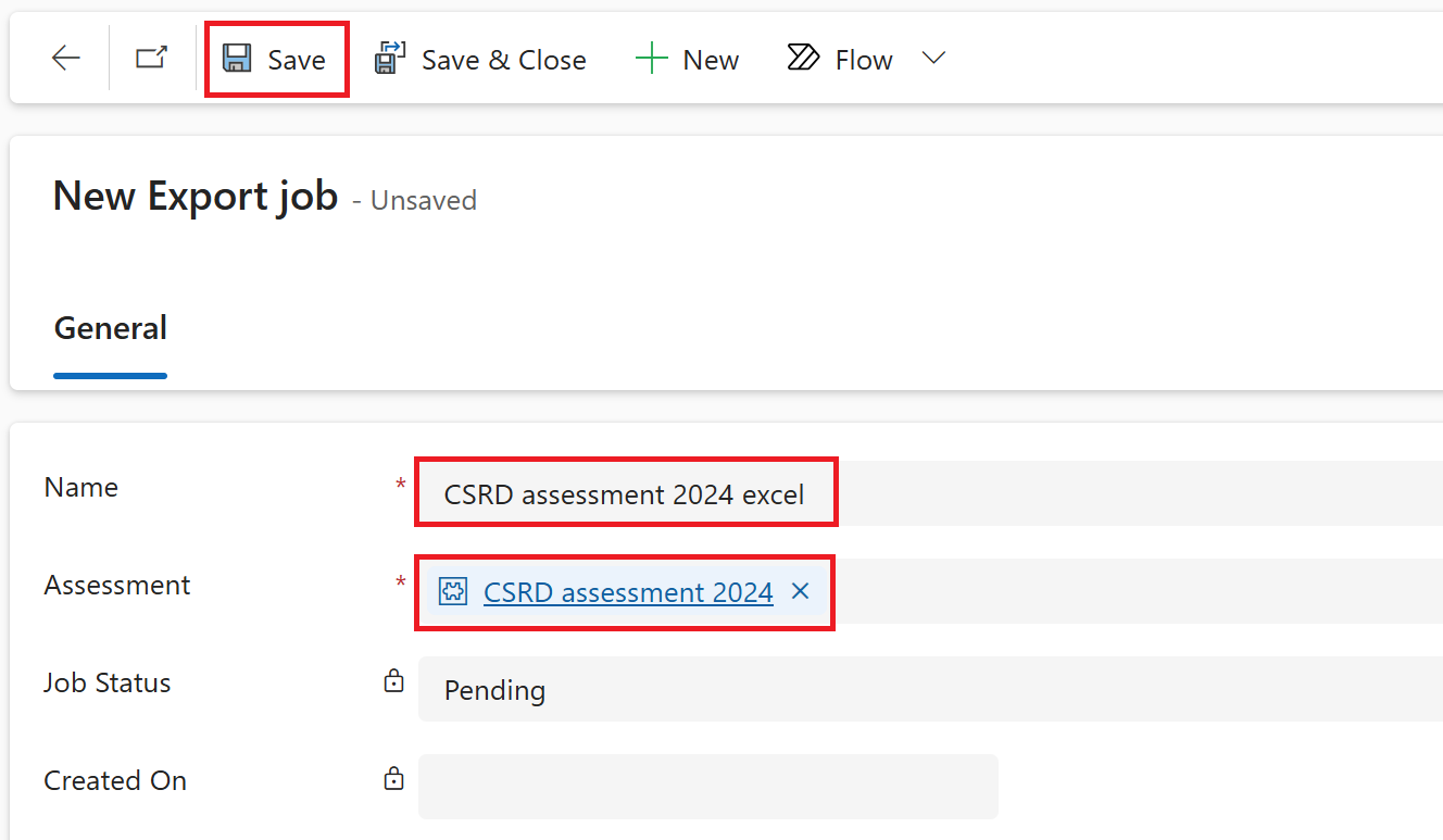 Screenshot of the New Export job page.