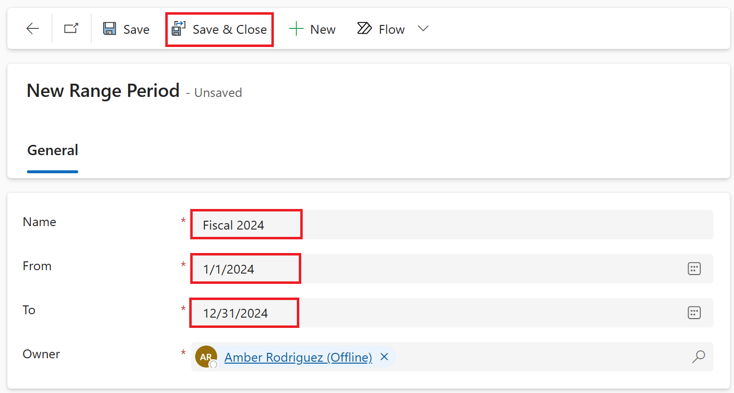 Screenshot of the New Range Period page.