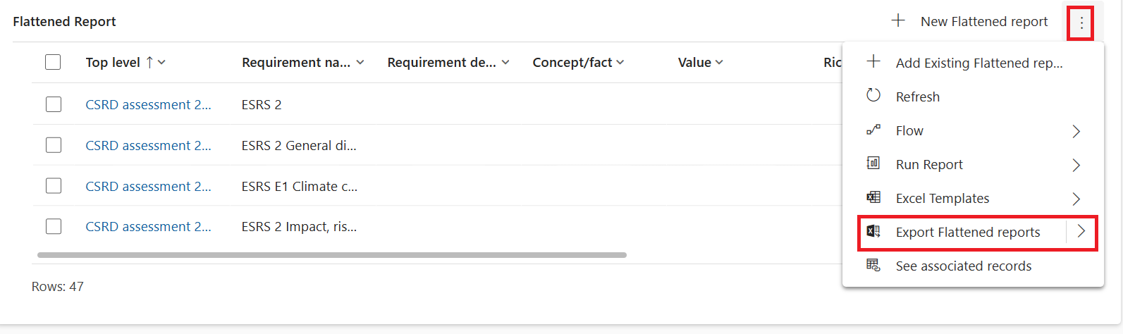 Screenshot of selecting Export Flattened reports.