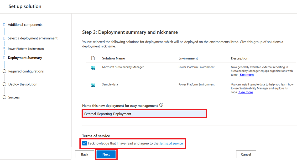 Screenshot of the Step 3 Deployment summary and nickname page.