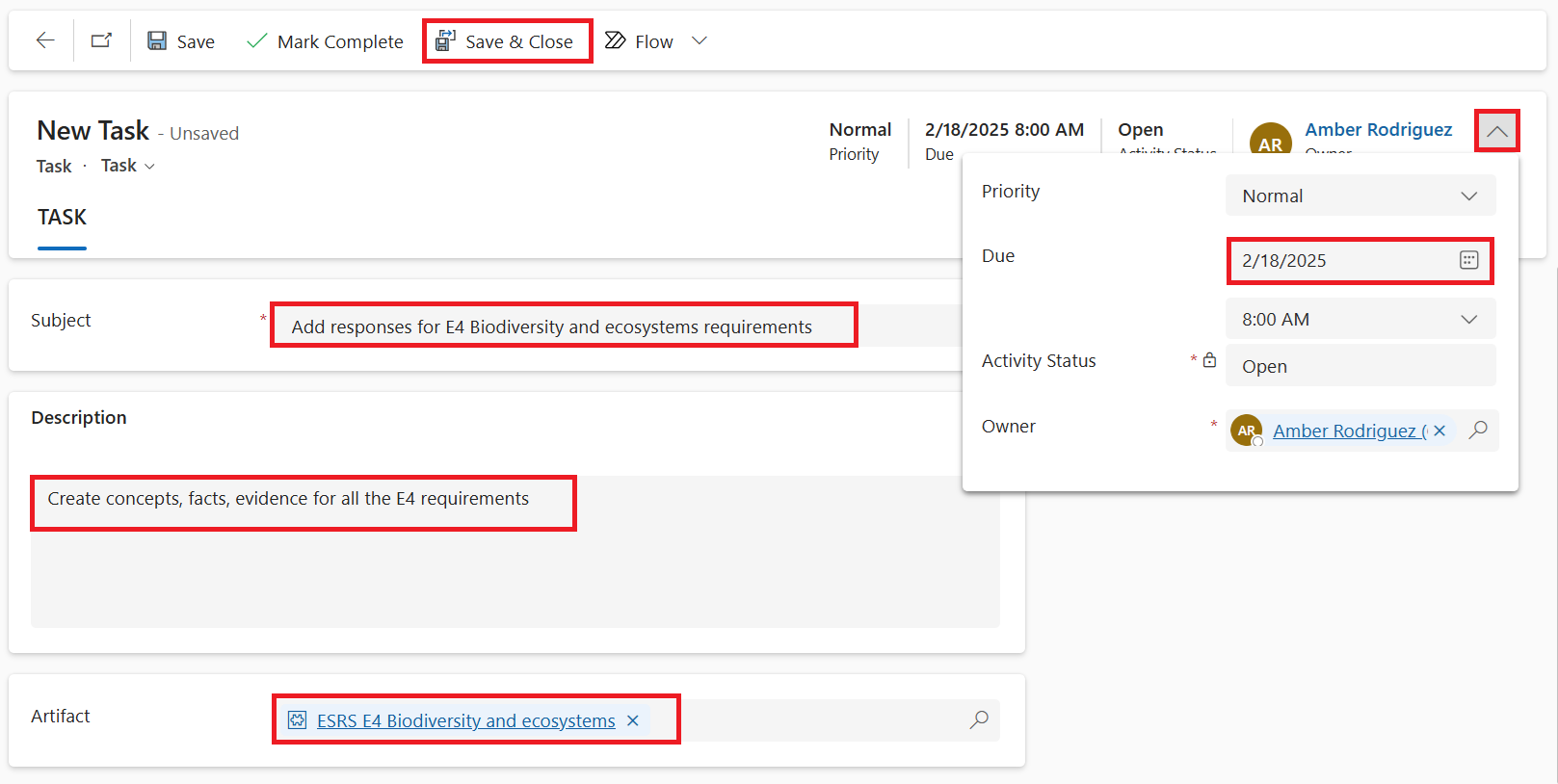 Screenshot of the New Task page with the task details filled in and the Save & Close button.