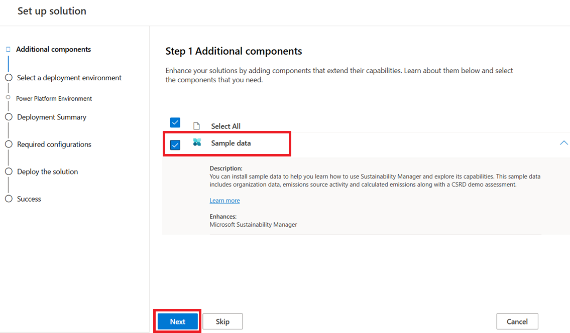 Screenshot of the Step 1 Additional components page.
