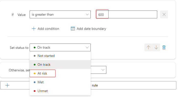 Screenshot of the Set status to dropdown menu expanded to reveal the At risk option.