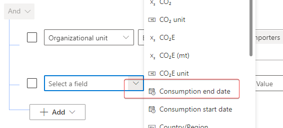 Screenshot of the Select a field dropdown menu expanded to reveal Consumption end date.