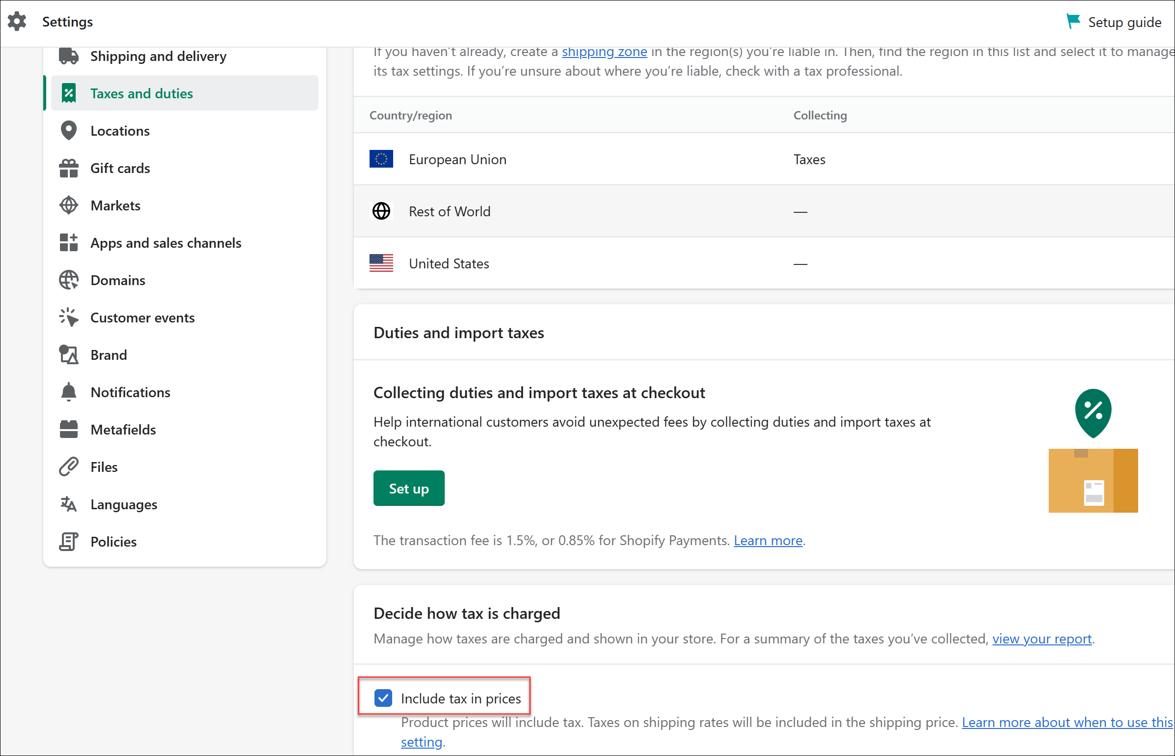 Screenshot of the Include tax in prices checkbox.