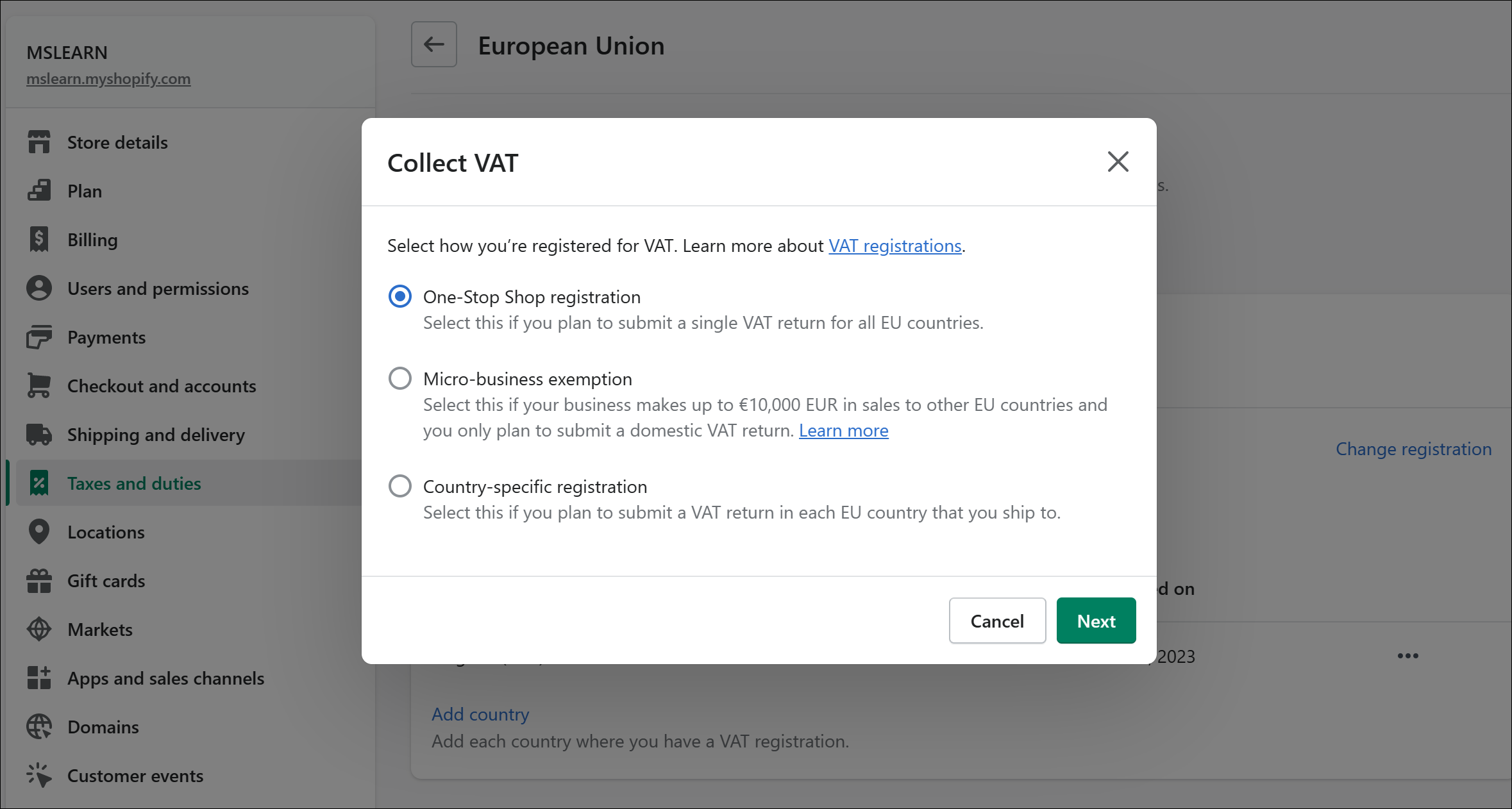 Screenshot of VAT registration in Shopify.