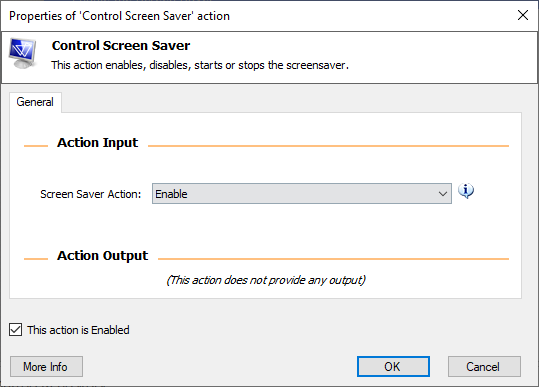Screenshot of the control screen saver action properties.
