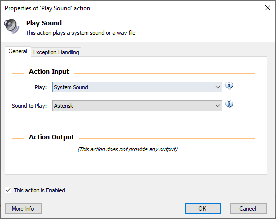Screenshot of the play sound action properties.