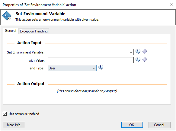 Screenshot of the set environment variable action properties.