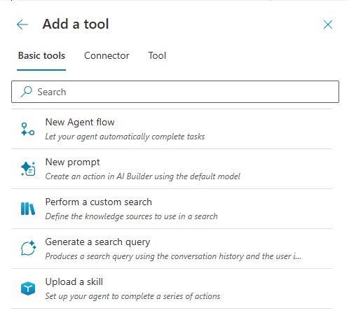 Screenshot of the Add a tool menu for a topic in Copilot Studio.