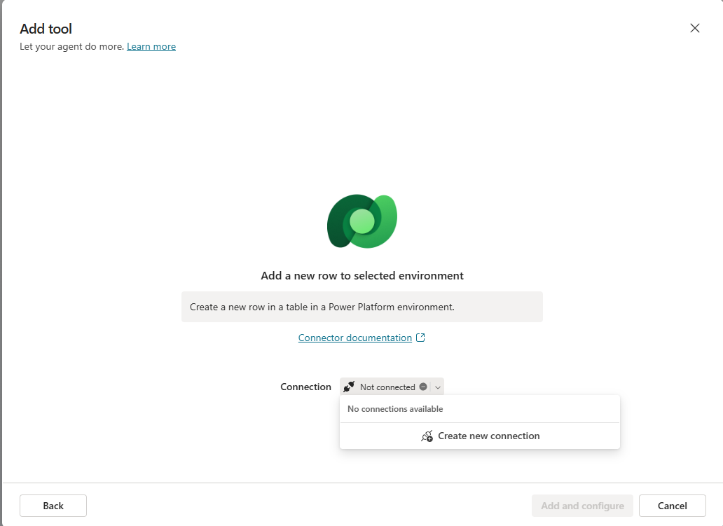 Screenshot of the Connection configuration for a Dataverse connector in Copilot Studio.