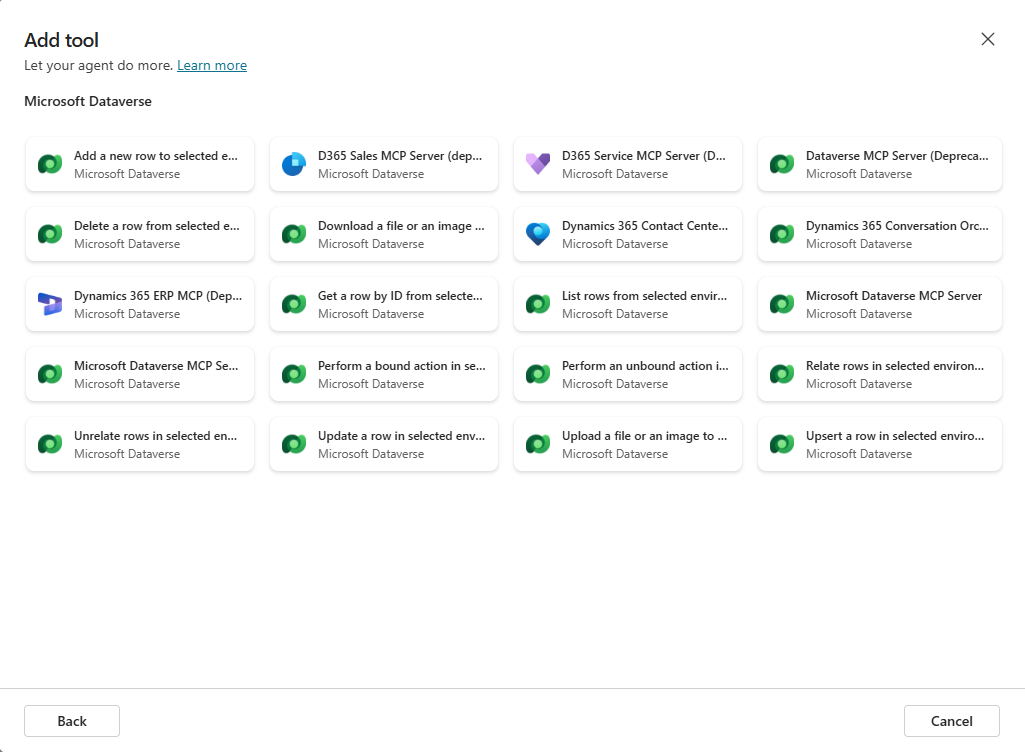 Screenshot of the Add Tool page in Copilot Studio listing available Dataverse connectors.