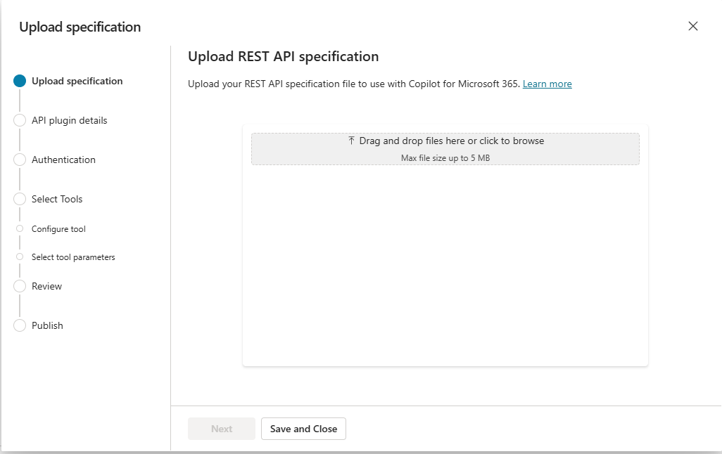 Screenshot of the REST API specification upload page for an agent tool in Copilot Studio.