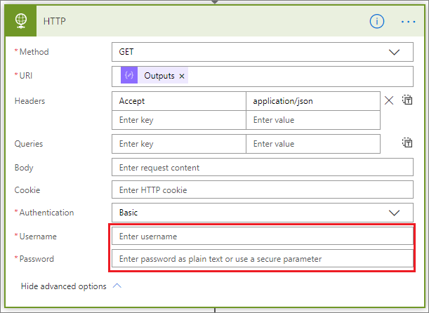 Screenshot of the H T T P dialog with the user name and password fields highlighted.